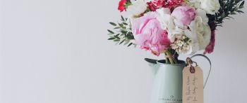 bouquet, aesthetics, vase, peonies, roses Wallpaper 2560x1080