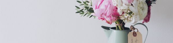 bouquet, aesthetics, vase, peonies, roses Wallpaper 1590x400