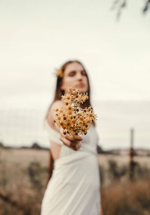 girl, flowers, pole, chamomile, man Wallpaper 1640x2360