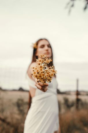 girl, flowers, pole, chamomile, man Wallpaper 3869x5803