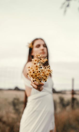 girl, flowers, pole, chamomile, man Wallpaper 1200x2000