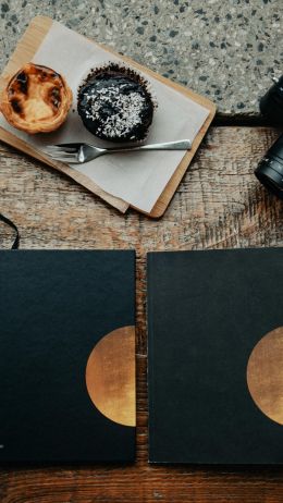 photo, coffee, camera, daily, table, wood table, cupcakes Wallpaper 1080x1920