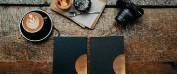 photo, coffee, camera, daily, table, wood table, cupcakes Wallpaper 2560x1080