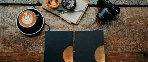 photo, coffee, camera, daily, table, wood table, cupcakes Wallpaper 2560x1080