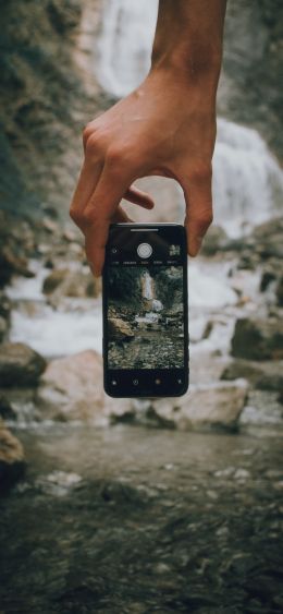 mobile photography, nature, water, stones, waterfall Wallpaper 1080x2340