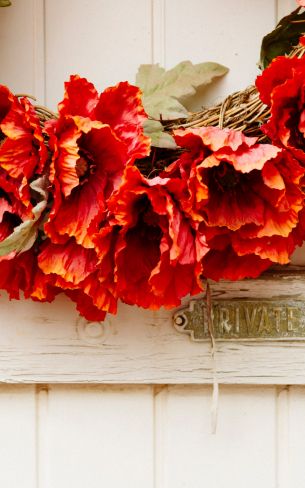 wreath, flowers, decoration, door, wood door Wallpaper 1600x2560