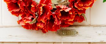wreath, flowers, decoration, door, wood door Wallpaper 3440x1440