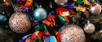 christmas toys, confetti, bright, holiday, New Year Wallpaper 3440x1440