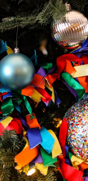 christmas toys, confetti, bright, holiday, New Year Wallpaper 1440x2960