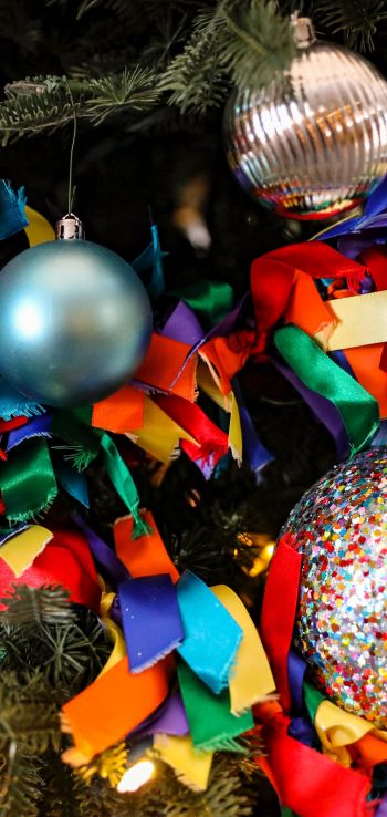 christmas toys, confetti, bright, holiday, New Year Wallpaper 1440x3040