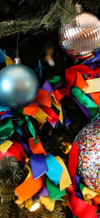 christmas toys, confetti, bright, holiday, New Year Wallpaper 1080x2340