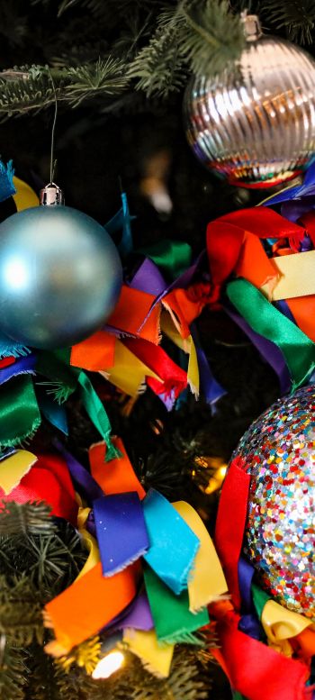 christmas toys, confetti, bright, holiday, New Year Wallpaper 1440x3200