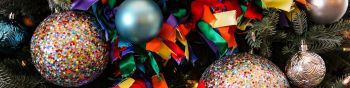 christmas toys, confetti, bright, holiday, New Year Wallpaper 1590x400