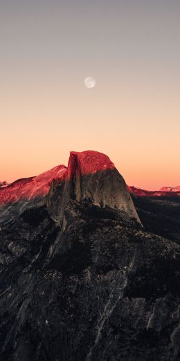 sunset in the mountains, sunset, mountains, moon, rocks Wallpaper 720x1440