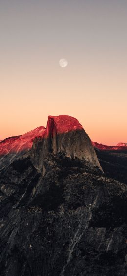 sunset in the mountains, sunset, mountains, moon, rocks Wallpaper 1242x2688