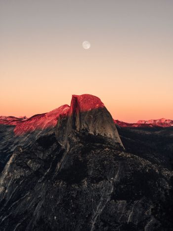 sunset in the mountains, sunset, mountains, moon, rocks Wallpaper 1620x2160