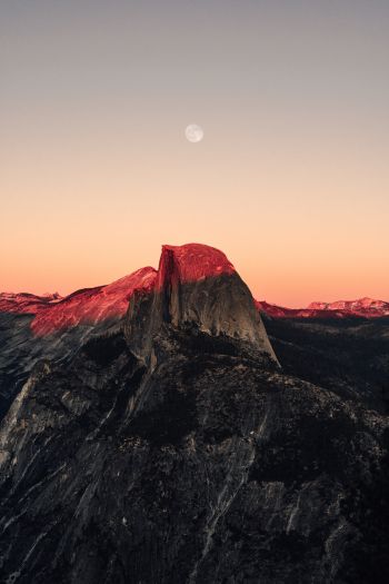 sunset in the mountains, sunset, mountains, moon, rocks Wallpaper 640x960