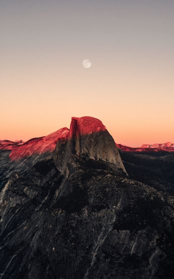 sunset in the mountains, sunset, mountains, moon, rocks Wallpaper 1752x2800