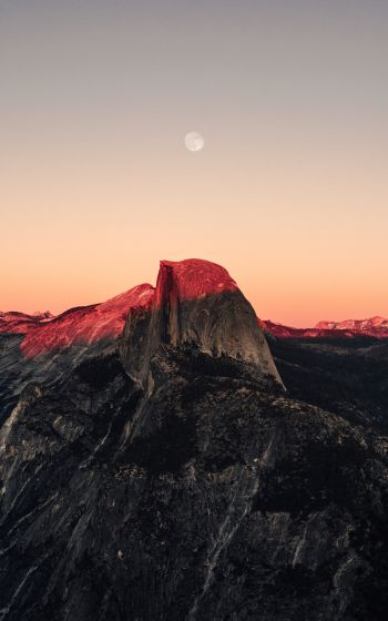 sunset in the mountains, sunset, mountains, moon, rocks Wallpaper 800x1280