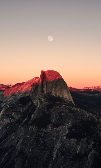 sunset in the mountains, sunset, mountains, moon, rocks Wallpaper 1200x2000