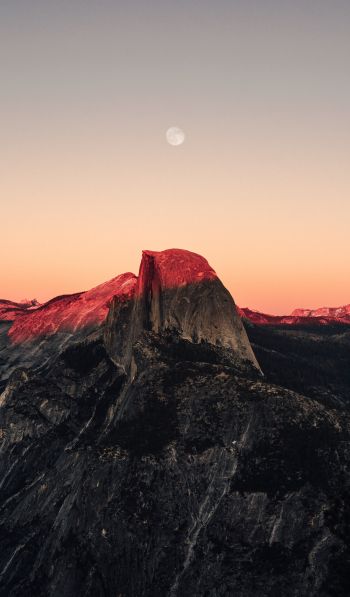 sunset in the mountains, sunset, mountains, moon, rocks Wallpaper 600x1024