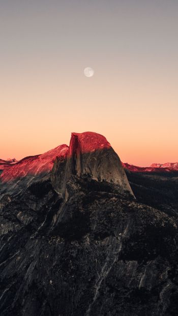 sunset in the mountains, sunset, mountains, moon, rocks Wallpaper 2160x3840