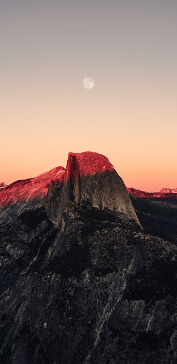 sunset in the mountains, sunset, mountains, moon, rocks Wallpaper 1080x2220