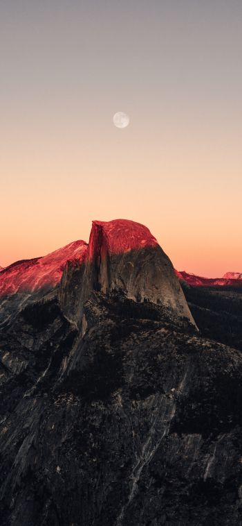 sunset in the mountains, sunset, mountains, moon, rocks Wallpaper 1080x2340