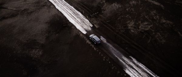 road, machine, snow, top view Wallpaper 2560x1080