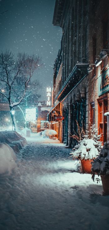 street, snowfall, winter Wallpaper 1440x3040