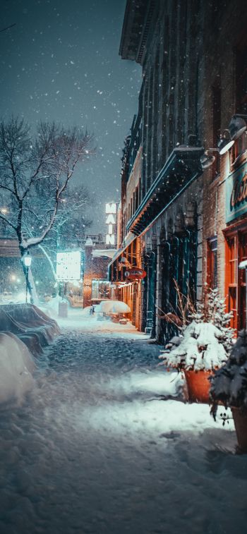 street, snowfall, winter Wallpaper 1125x2436