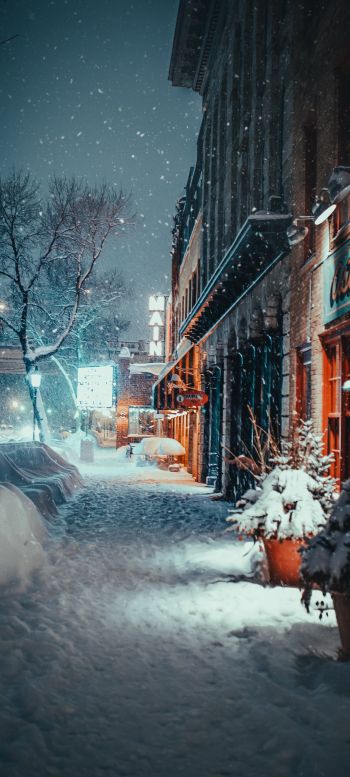 street, snowfall, winter Wallpaper 1440x3200