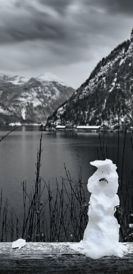 mountains, lake, snowman Wallpaper 1440x2960