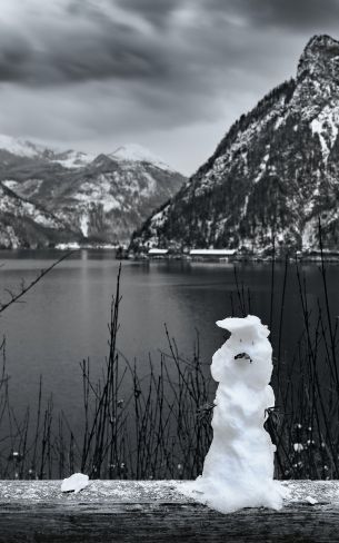 mountains, lake, snowman Wallpaper 1600x2560