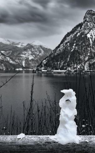 mountains, lake, snowman Wallpaper 1200x1920