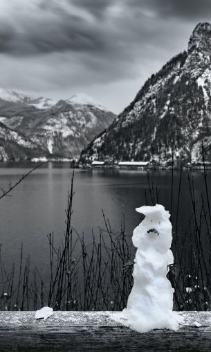 mountains, lake, snowman Wallpaper 1200x2000