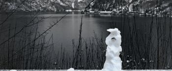 mountains, lake, snowman Wallpaper 3440x1440