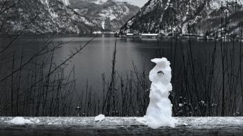 mountains, lake, snowman Wallpaper 1600x900