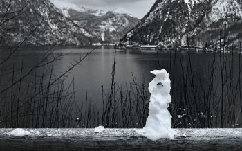 mountains, lake, snowman Wallpaper 1920x1200
