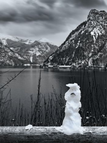 mountains, lake, snowman Wallpaper 1536x2048