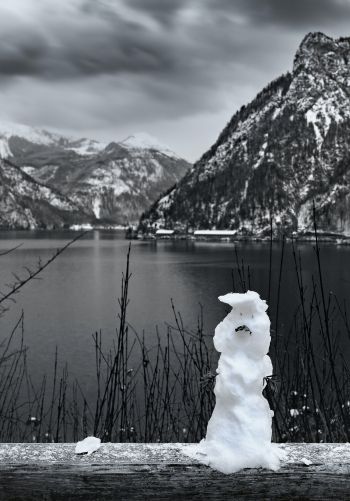 mountains, lake, snowman Wallpaper 1668x2388