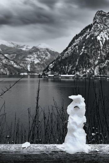 mountains, lake, snowman Wallpaper 640x960