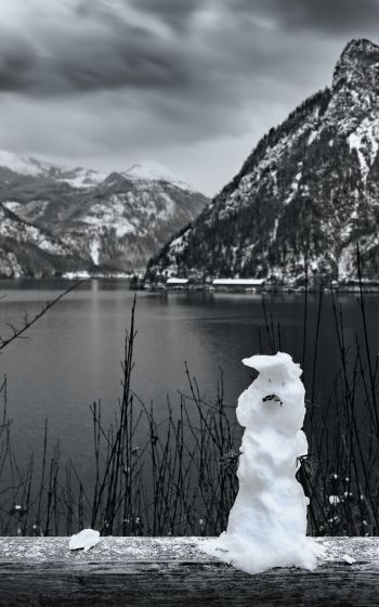 mountains, lake, snowman Wallpaper 1200x1920