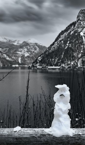 mountains, lake, snowman Wallpaper 600x1024