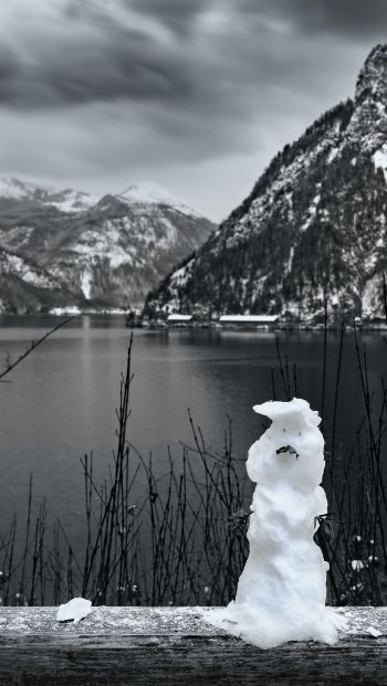 mountains, lake, snowman Wallpaper 640x1136