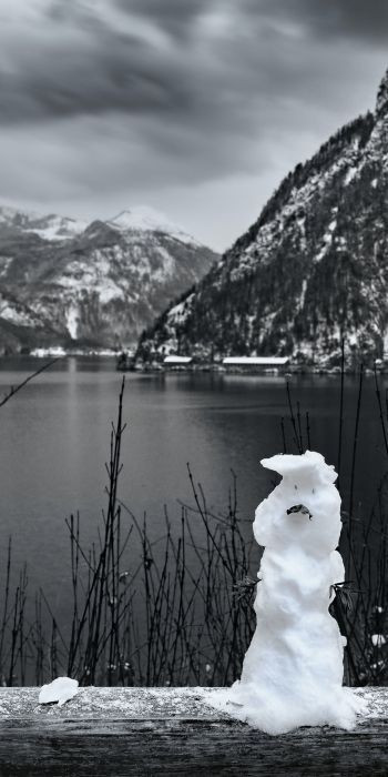 mountains, lake, snowman Wallpaper 720x1440