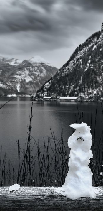 mountains, lake, snowman Wallpaper 1440x2960