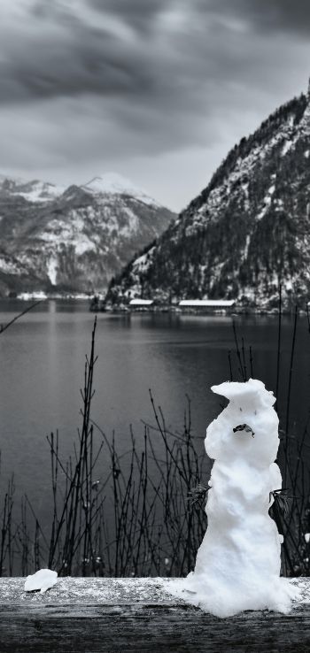 mountains, lake, snowman Wallpaper 720x1520