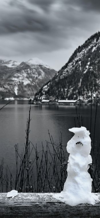 mountains, lake, snowman Wallpaper 1242x2688