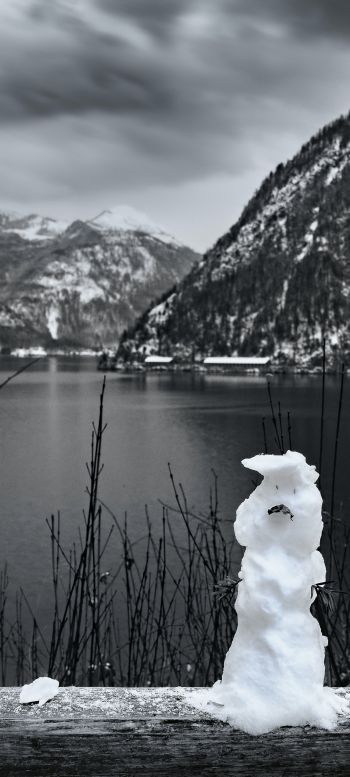 mountains, lake, snowman Wallpaper 1440x3200